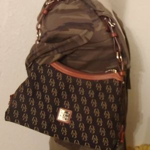 Dooney bourke navy blue yellow tan letters,